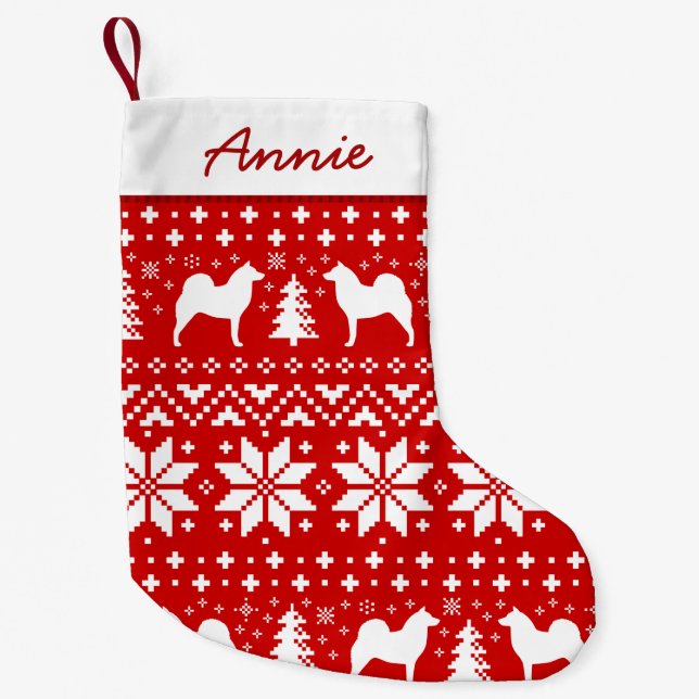 Finnish Spitz Silhouettes Dogs Holiday Pattern Small Christmas Stocking (Front)