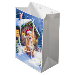 Finnish Spitz Snowy Cabin Santa Hat Christmas Art Medium Gift Bag