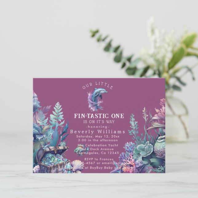 Fintastic One Modern Rustic Watercolor Baby Shower Invitation (Standing Front)