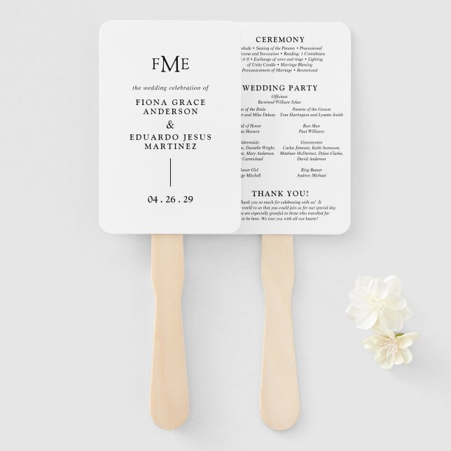 Fiona Black and White Bold Monogram Modern Wedding Hand Fan (Front and Back)