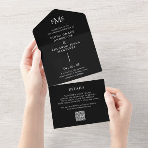 Fiona Black Bold Monogram Modern Wedding All In One Invitation