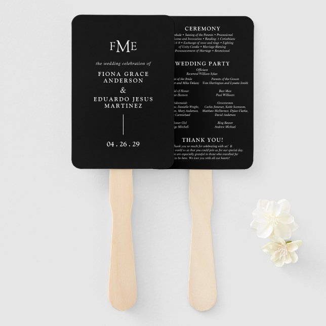 Fiona Black Bold Monogram Modern Wedding Hand Fan (Front and Back)