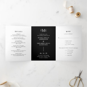 Fiona Black Bold Monogram Modern Wedding Tri-Fold Invitation