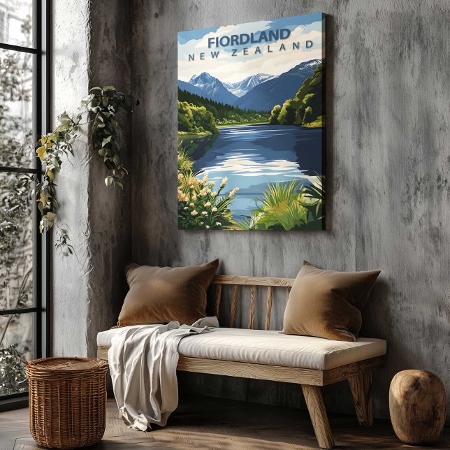 Fiordland New Zealand Travel Poster Canvas Art (Fiordland New Zealand Travel Poster Canvas Art by TinkPrints.)