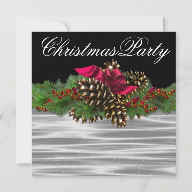 Fir Bough Pinecone Red Black White Christmas Party Invitation (Front)