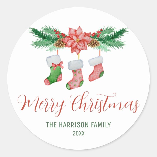 Fir Branches With Christmas Socks Classic Round Sticker (Front)