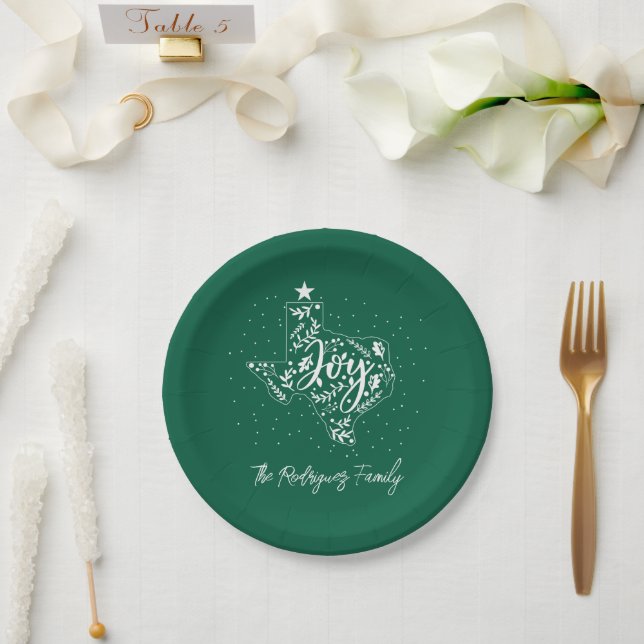 Fir Green Joy Holiday Leaves Texas Shape Paper Plate (Wedding)
