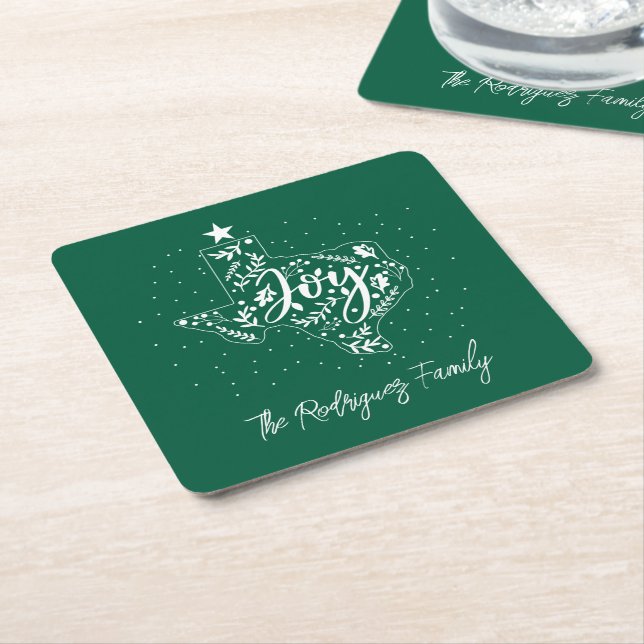 Fir Green Joy Holiday Leaves Texas Shape Square Paper Coaster (Angled)