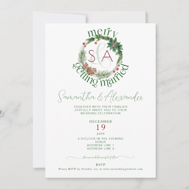 Fir Tree & Holly Wreath Christmas Themed Wedding Invitation (Front)