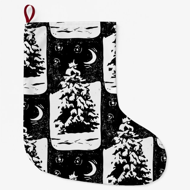 Fir Tree in Snowy Landscape Lino Print  Large Christmas Stocking (Front)