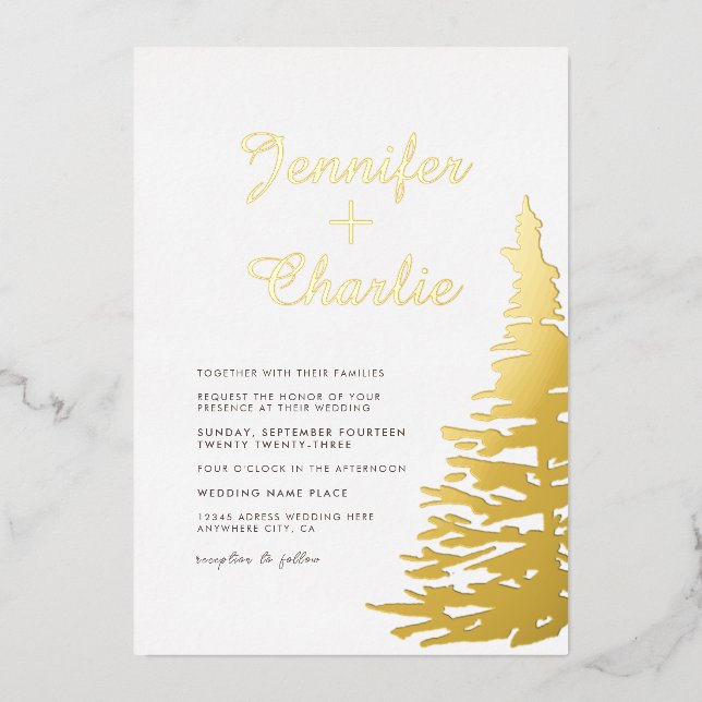 Fir Tree Minimalist Modern White Gold Wedding (Front)