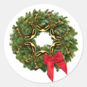 Fir Wreath with Gold Horseshoes & Red Bow Classic Round Sticker