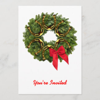 Fir Wreath with Gold Horseshoes & Red Bow Invited Invitation