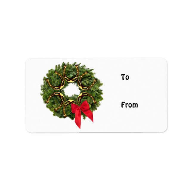 Fir Wreath with Gold Horseshoes & Red Bow Label (Front)