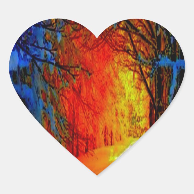 Fire and Ice Beautiful Artistic Blue, Orange, Red Heart Sticker (Front)