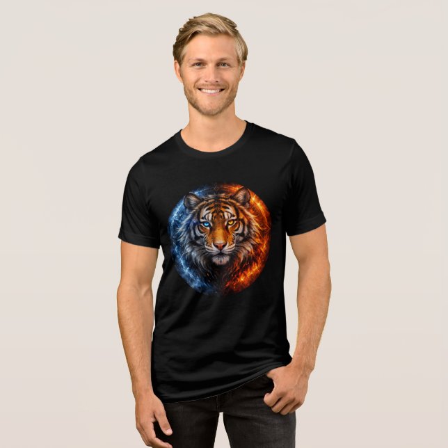 Fire and Ice Tiger – Elemental Fantasy Art Tri-Blend Shirt (Front Full)
