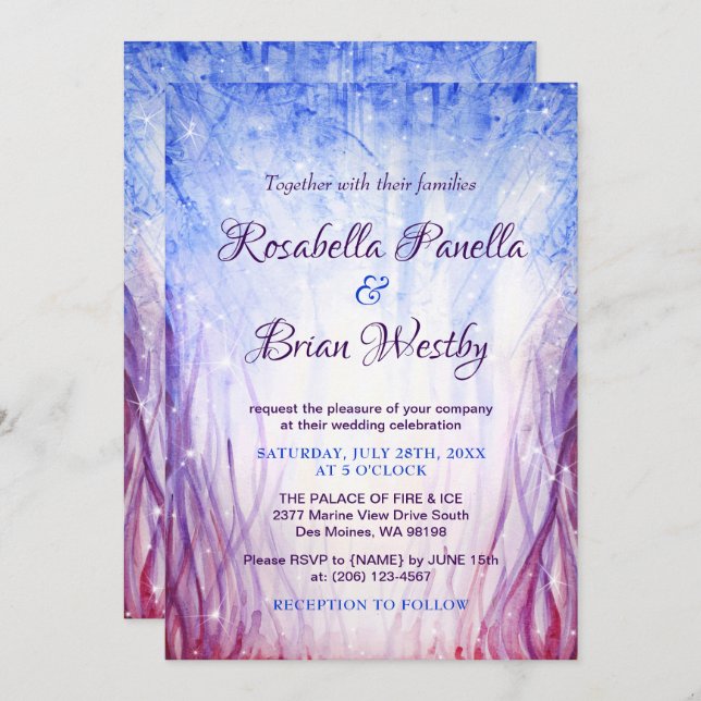 Fire and Ice Wedding Invitations | Blue Magenta (Front/Back)