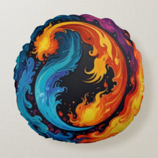 Fire and Water Abstract Art Design Round Cushion