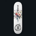 *~* Fire AP88 Mediaeval Sword Floral Floral Skateboard<br><div class="desc">(Search code AP88 to find similar items ) Easily Transfer to other Zazzle Products. WHITE background Skateboard with PINK and ROSE colour FLOWERS MEDIEVAL SWORD for dragon slayers with FLOWERS / FLORAL elements and with RING of FIRE / FLAMES / FLAME and Letter , INITIAL MONOGRAM for your name -...</div>