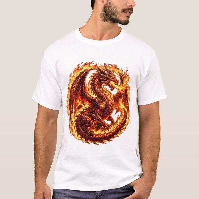Fire Breathing Dragon Circle of Flames Fantasy Bea T-Shirt (Front)