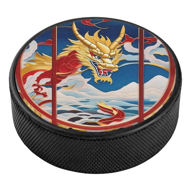 Fire breathing dragon Gold And Red Hockey Puck (3/4)