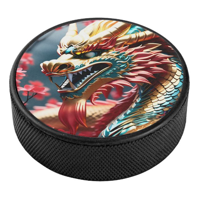 Fire breathing dragon gold blue and red scales hockey puck (3/4)