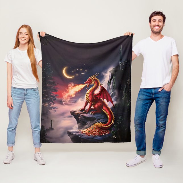 Fire Breathing Dragon Guarding Treasure  Fleece Blanket (In Situ)