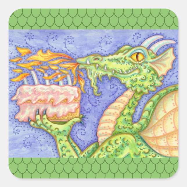 FIRE BREATHING DRAGON LIGHTING BIRTHDAY CANDLES SQUARE STICKER (Front)