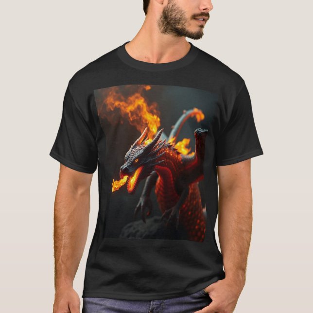 Fire Breathing Dragon Realistic Fantasy T-Shirt (Front)