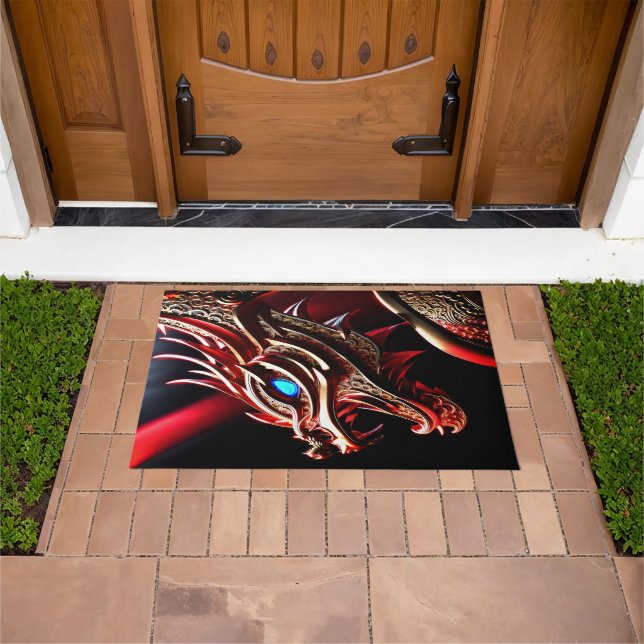 Fire breathing dragon red and gold scales door mat (Outdoor)