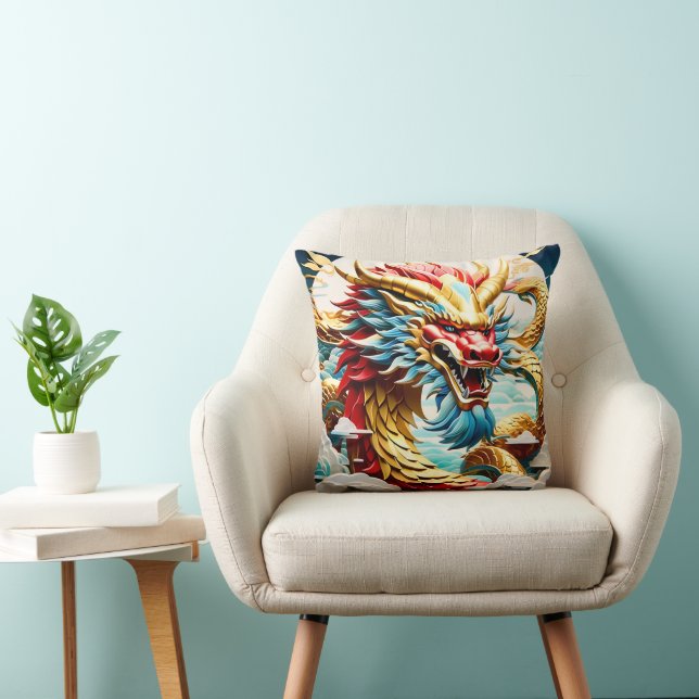 Fire breathing dragon red blue and gold scales cushion (Chair)