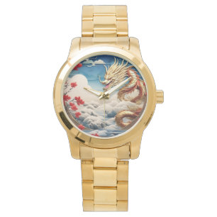 Fire breathing dragon red blue and gold scales watch