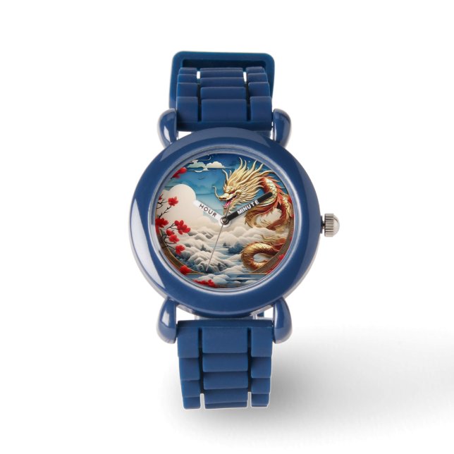 Fire breathing dragon red blue and gold scales watch (Front)