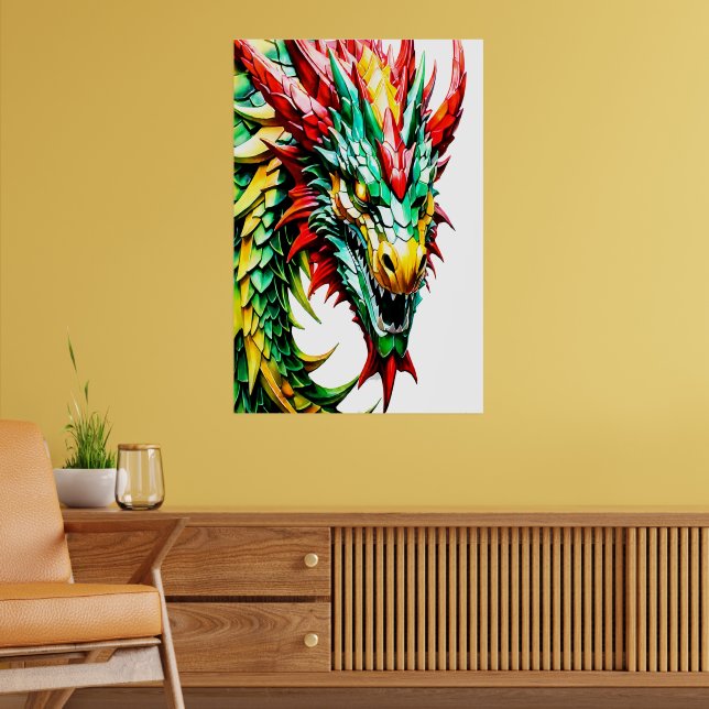 Fire breathing dragon red, green, and yellow scale poster (Living Room 2)