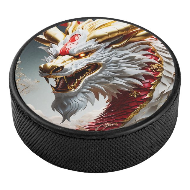Fire breathing dragon red white and gold scales hockey puck (3/4)