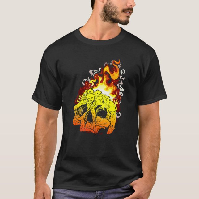 Fire Cat Burning Head Skull Head Bone Skull T-Shirt (Front)