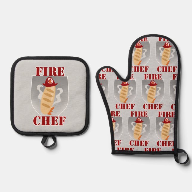 Fire Chef Funny Cooking Time Cartoon Slogan Oven Mitt & Pot Holder Set (Front)