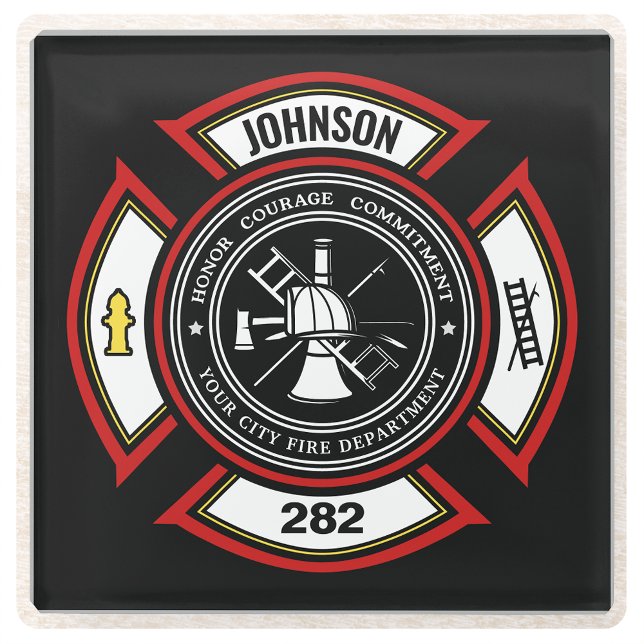 Fire Department ADD NAME Firefighter Badge Rescue Glass Coaster (Creator Uploaded)