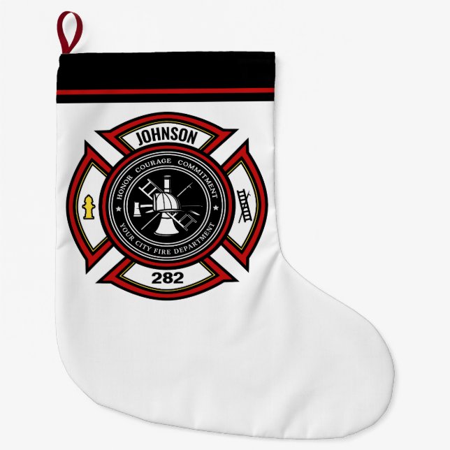 Fire Department ADD NAME Firefighter Badge Rescue Large Christmas Stocking (Front)