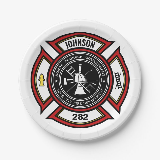 Fire Department ADD NAME Firefighter Badge Rescue Paper Plate (Front)