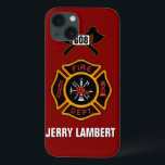 Fire Department Badge Name Template iPhone 13 Case<br><div class="desc">Fire Department logo with customisable numbers. Great for firemen and first responders. Click customise it to change the background colour from fire engine red to something else. Personalise with your own name.</div>