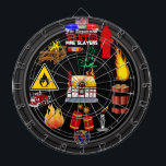 Fire Department Dartboard<br><div class="desc">An awesome firefighter inspired dartboard. The perfect dartboard for fire departments, homes, and businesses. Features an array of fire and firefighting targets with the bullseye centred around a fiery house. Fully customisable if desired to add names, images, and more. Enjoy!</div>