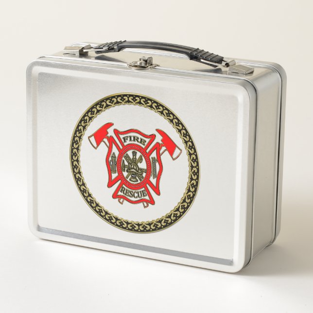 Fire Department Gold And Red Badge With Fire Axes Metal Lunch Box (Front)