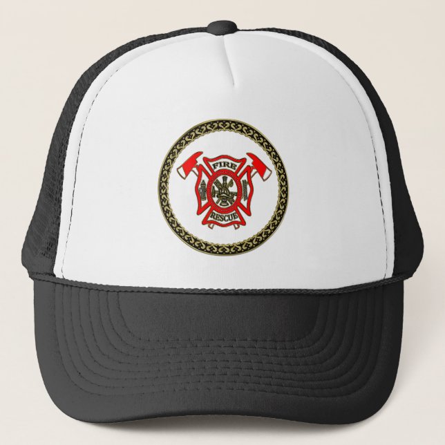 Fire Department Gold And Red Badge With Fire Axes Trucker Hat (Front)