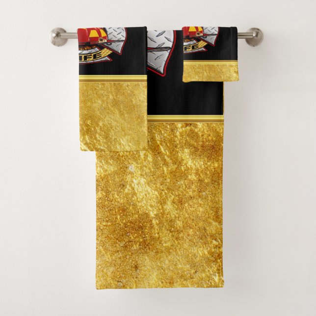 Fire Department Gold And Silver Wife Badge Bath Towel Set (Insitu)