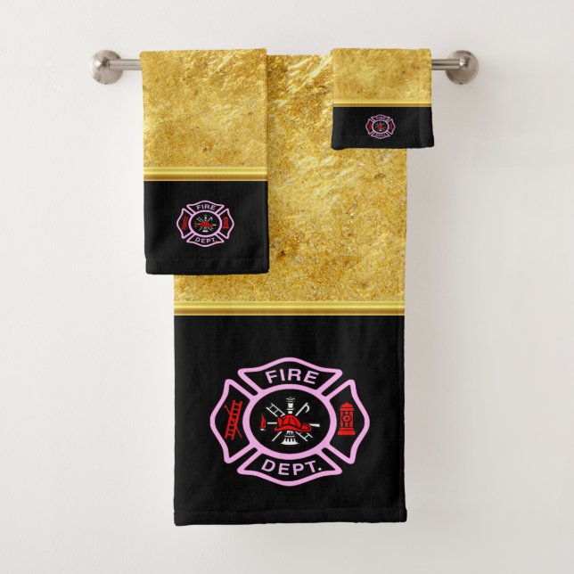 Fire Department logo Black And Pink Badge Bath Towel Set (Insitu)