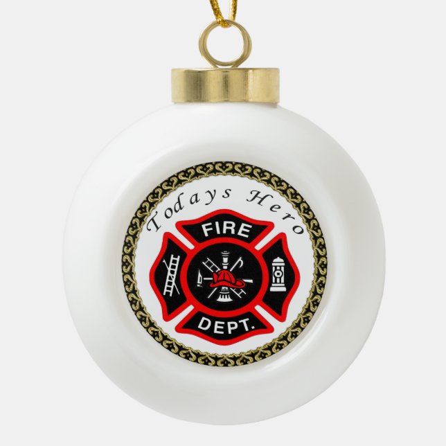 Fire Department logo Black And Red Badge Ceramic Ball Christmas Ornament (Front)