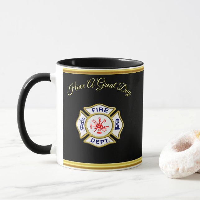 Fire Department logo Blue And White Badge gold Mug (With Donut)
