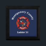 Fire Department Logo Custom  Gift Box<br><div class="desc">Stylish design for firehouses,  firefighters and their families,  features red generic fire department logo on dark blue background. Customise with city or county department details or firefighter name in modern white font</div>