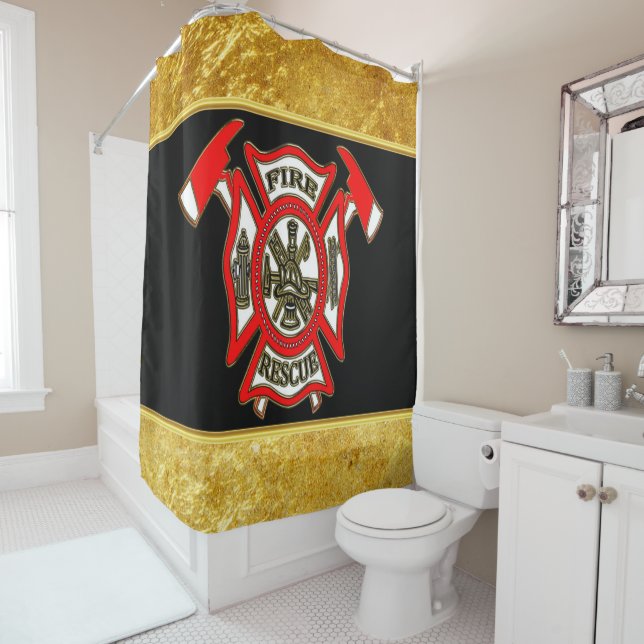 Fire Department logo Gold And Red Badge gold foil Shower Curtain (In Situ)